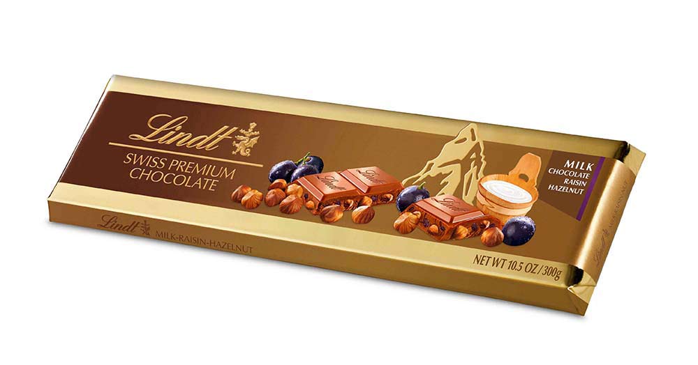 Lindt Gold Bar Milk Raisen Hazelnut 300 gm