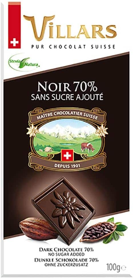 Villars 70% Dark Chocolate Bar with Stevia, 100g