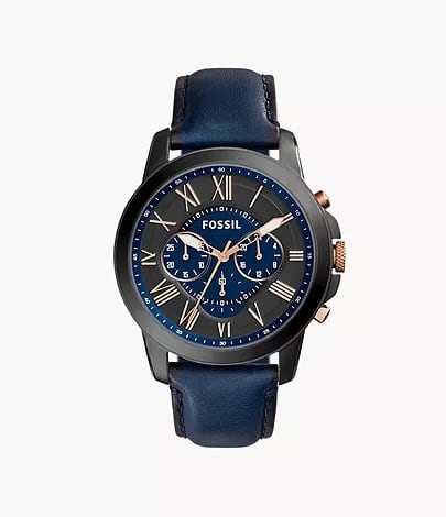 Grant Chronograph Navy Leather Watch FS5061, 44 MM, Dial Colour - Black, Strap Colour - Blue, Men