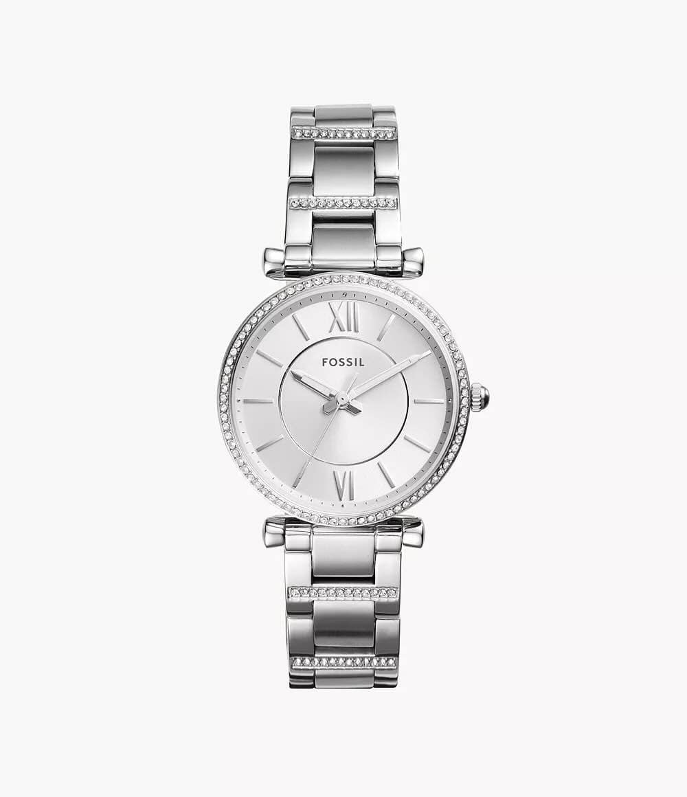 Carlie Three-Hand Stainless Steel Watch ES4341, 35 MM, Dial Colour - Silver, Strap Colour - Silver, Women