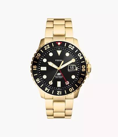 Fossil Blue GMT Gold-Tone Stainless Steel Watch FS5990, 46 MM, Dial Colour - Black, Strap Colour - Gold, Men
