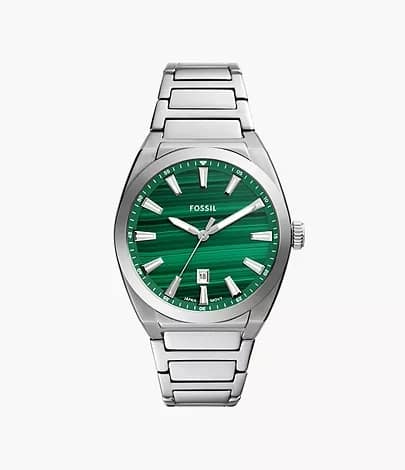 Everett Three-Hand Date Stainless Steel Watch FS6056, 42 MM, Dial Colour - Green, Strap Colour - Silver, Men