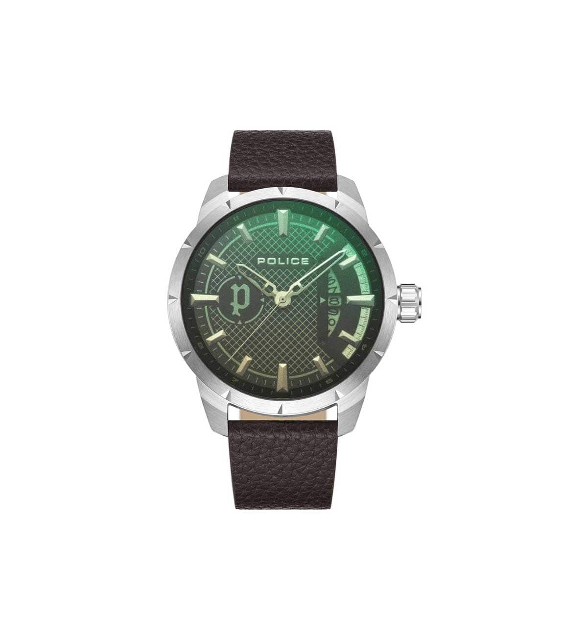 Police Men Watch, PEWJB2226902, Dial Green, Strap Dark Brown