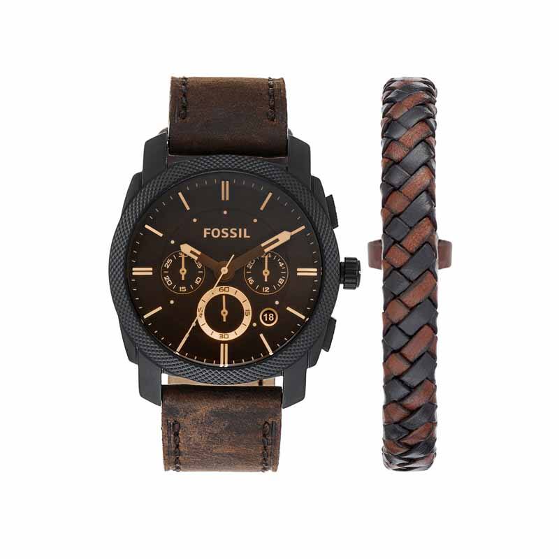 Fossil Machine Dark Brown Watch Set FS5251SET Quartz, Leather Strap, 42 MM
