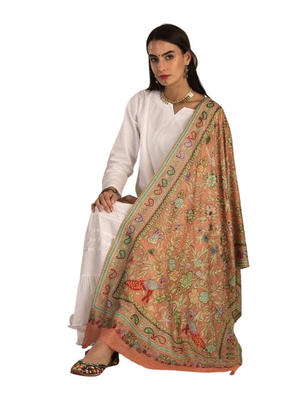 Fine Wool Kalamkari Stole Manual Embroidery, 140g