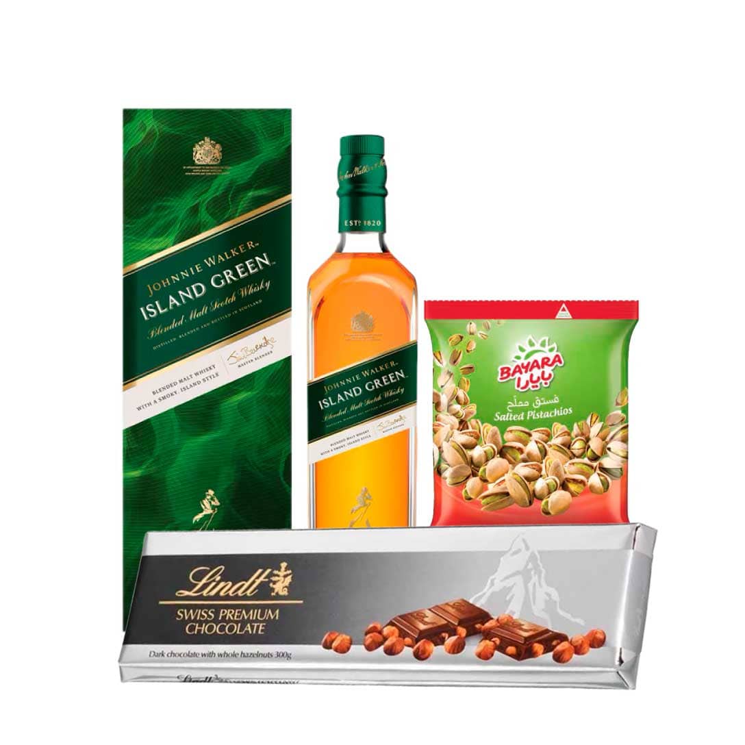 Johnnie Walker Island Green 100cl, Lindt Silver Surfin Bar 300g & Bayara Snacks Pistachios Salted 300g