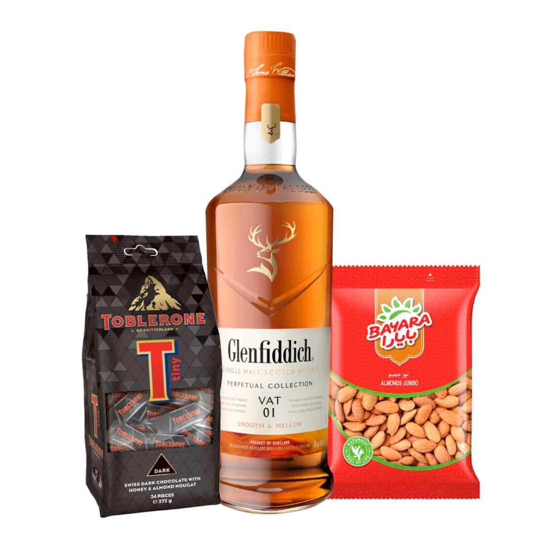 Glenfiddich VAT 1 PER 100cl, Bayara Almonds Jumbo 400g & Toblerone Tiny Dark Bag 272g