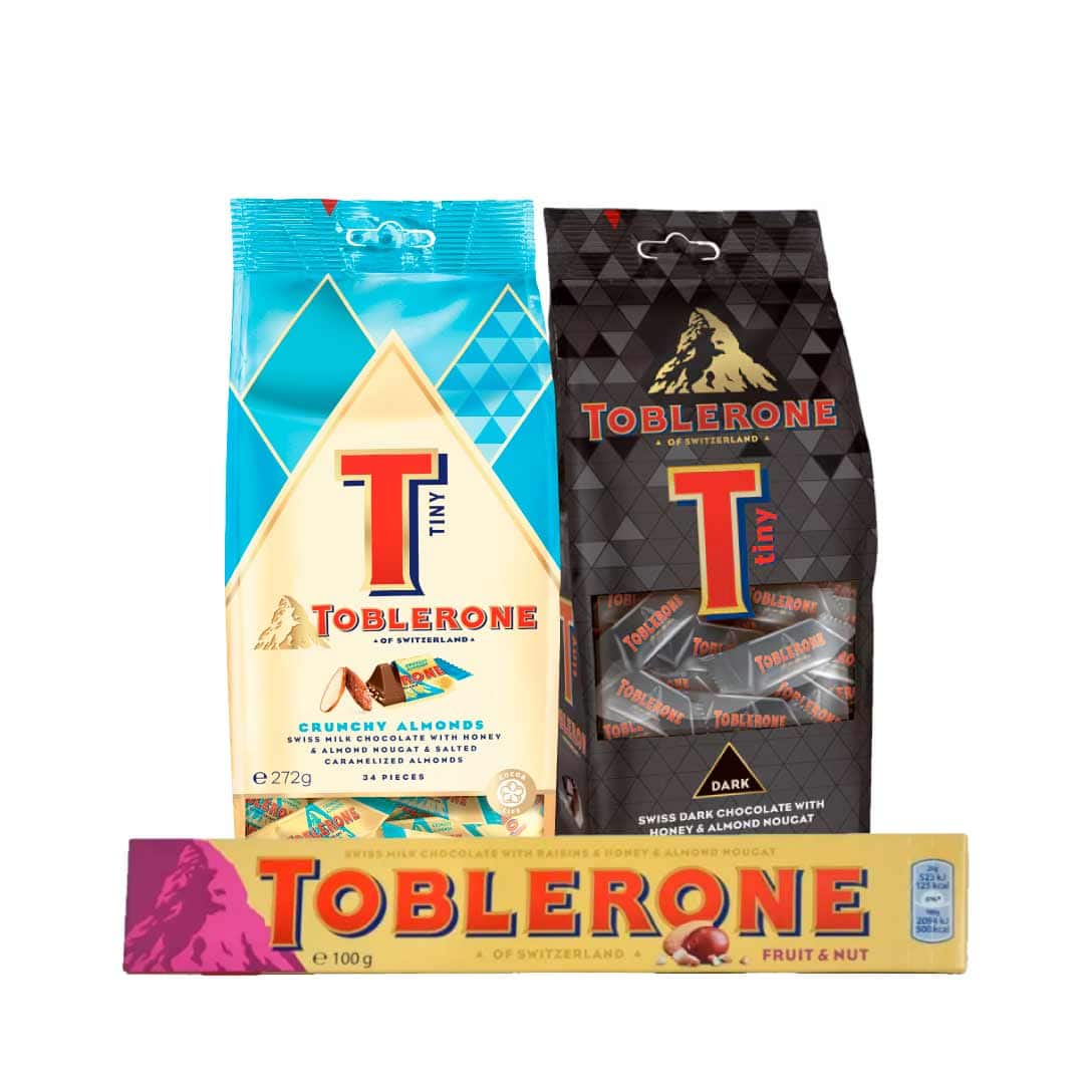 Toblerone Tiny Dark Bag 272g, Toblerone Tiny Crunchy Almonds 272g & Toblerone Fruit & Nut Bar 360g