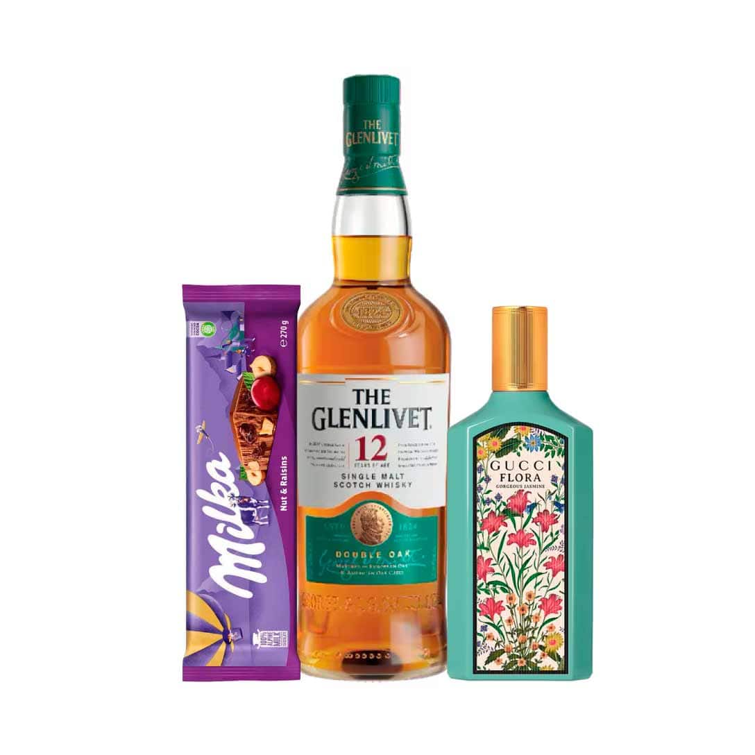 Milka Raisins & Hazelnuts 270g, The Glenlivet 12 YO 100cl & Gucci Flora Gorgeous Jasmine Eau de Parfum For Women (3.3oz) 100ml