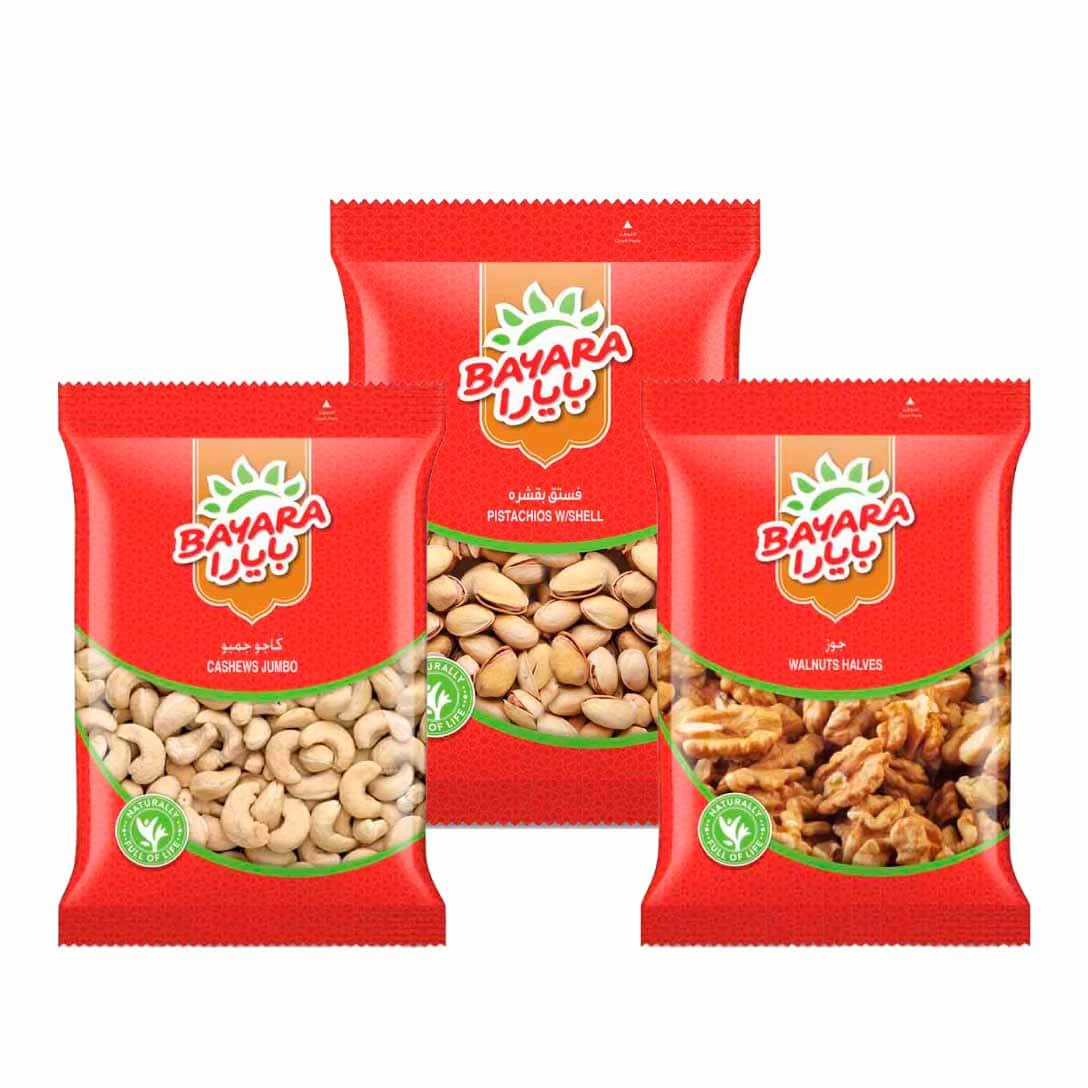 Bayara Pistachios Jumbo 400g, Bayara Cashews Jumbo 400g & Bayara Walnuts Jumbo 400g