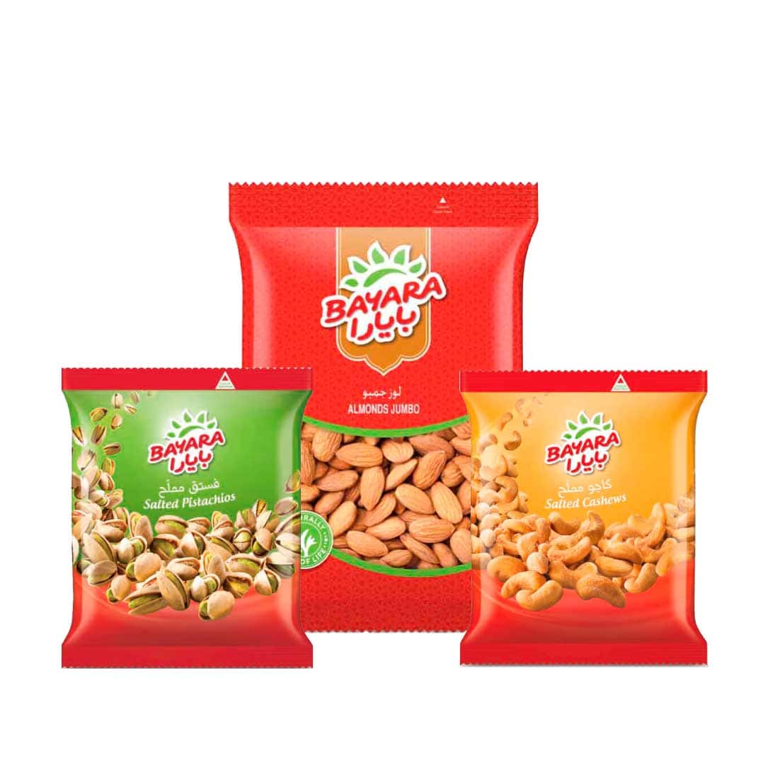 Bayara Snacks Pistachios Salted 300g, Bayara Snacks Cashews Salted 300g & Bayara Almonds Jumbo 400g