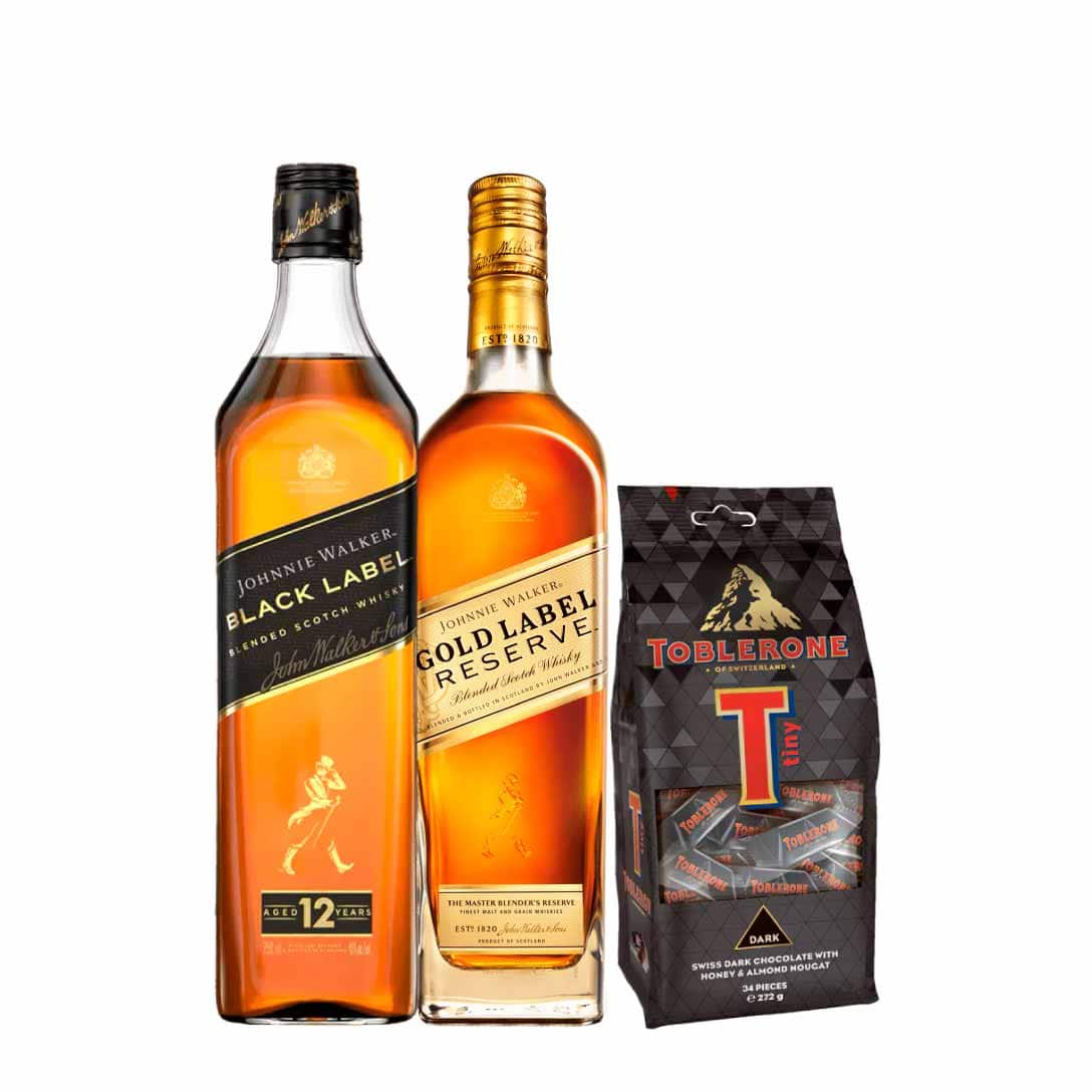 Johnnie Walker Black Label 100cl, Johnnie Walker Gold Reserve 100cl & Toblerone Tiny Dark Bag 272g