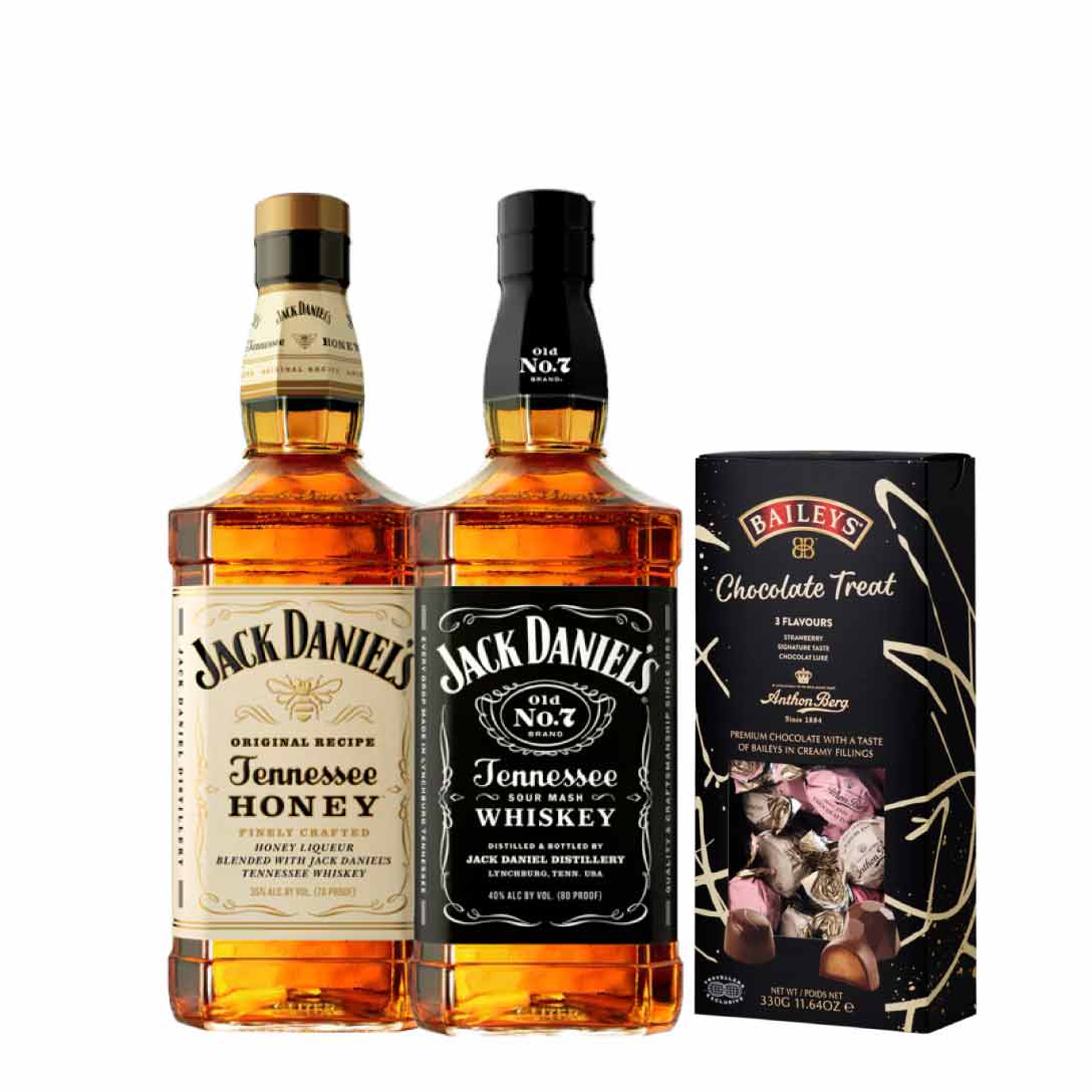 Jack Daniel's Tennessee 100cl, Jack Daniel's Honey 100cl & Anthon Berg Baileys Treat Dark