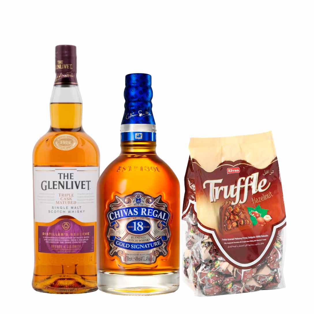 The Glenlivet Master Distiller's Reserve 100cl, Chivas Regal  18 YO 100cl & Elvan Truffle Quadro Bag Hazelnut
