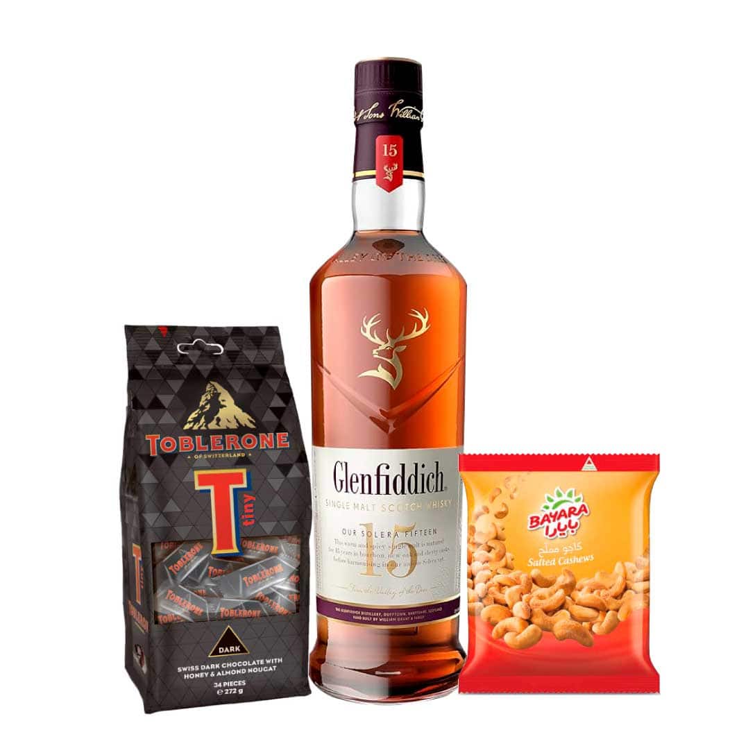 Glenfiddich VAT 2 PER 100cl, Bayara Snacks Cashews Salted 300g & Toblerone Tiny Dark Bag 272g
