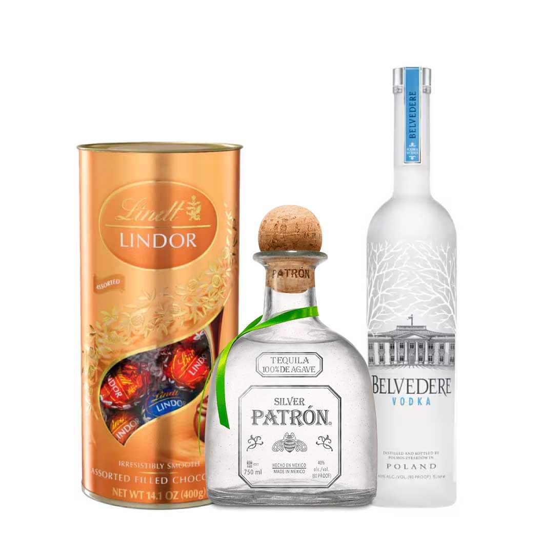 Lindt Lindor Assorted Gold Tube 400g, Belvedere Vodka 100cl & Patron Silver