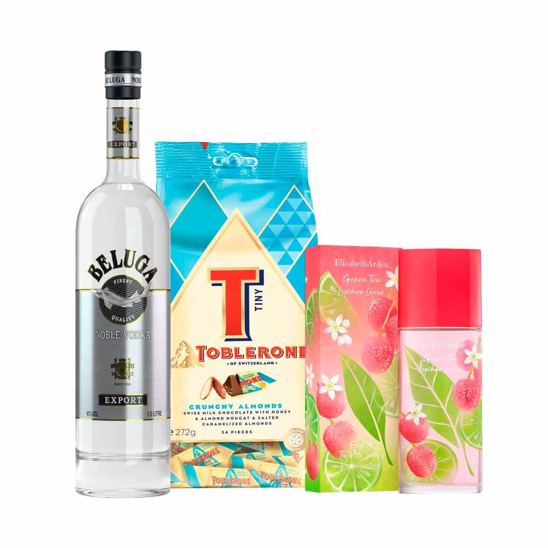 Toblerone Tiny Crunchy Almonds 272g, Elizabeth Arden Green Tea Lychee Lime 100ml & Beluga Noble Vodka 100cl